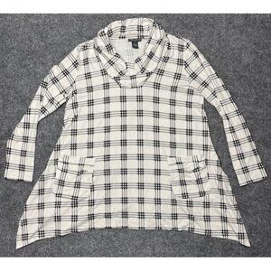 Chelsea & Theodore Blouse Womens Plus 1X Black White Plaid Cowl Neck Stretch New